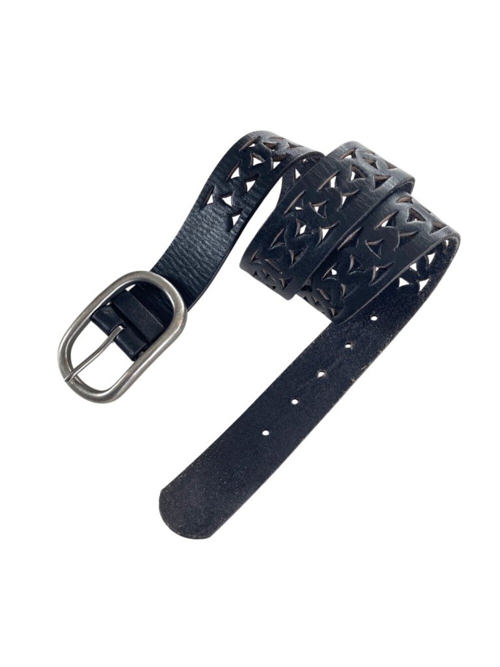 Black Genuine Leather Belt with Cutout Design & Silver Oval Buckle Women's Sz M